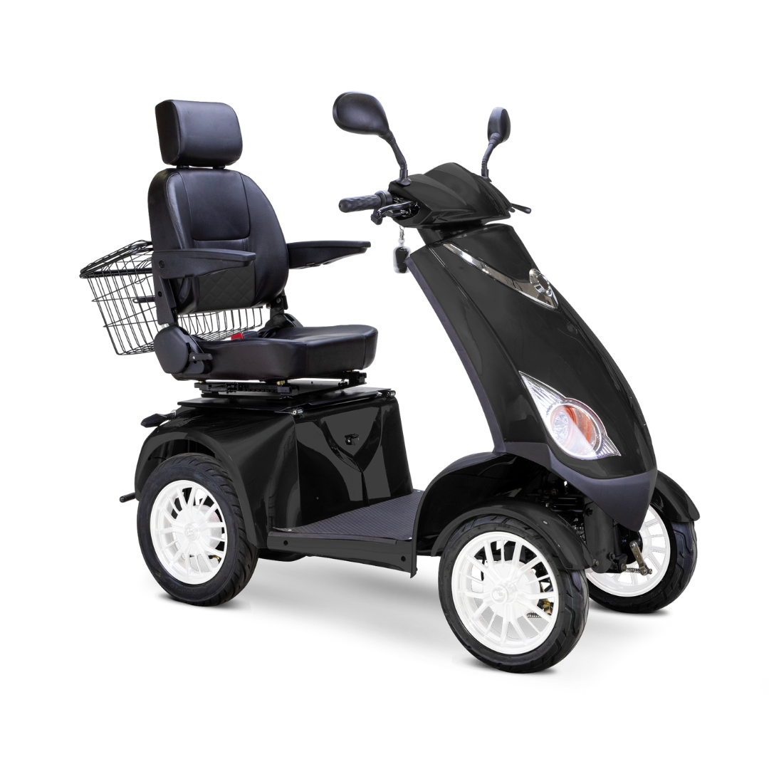 The Bespoke Platinum Recreational 4-Wheel Scooter with Electric Brake Assist features a black frame, padded seat, headrest, armrests, rear wire basket, side mirrors, and a powerful motor—ideal for recreation—shown on a white background.